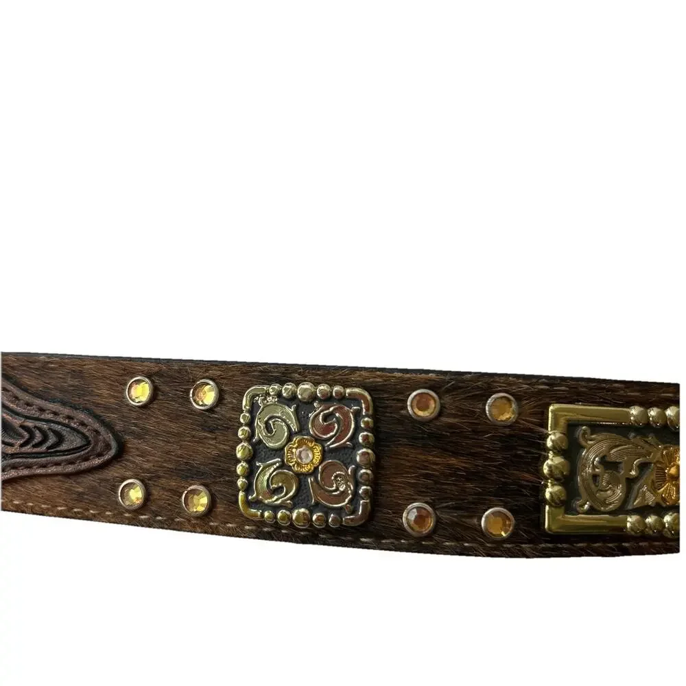 3D Belt Co Youth Kids 24 Hair On Cowhide Belt Bull Rider Buckle Embossed Leather